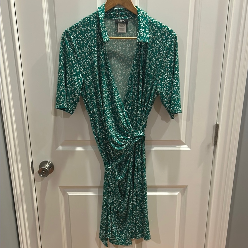 MSK Green Floral Wrap Midi Dress
